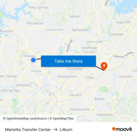 Marietta Transfer Center to Lilburn map