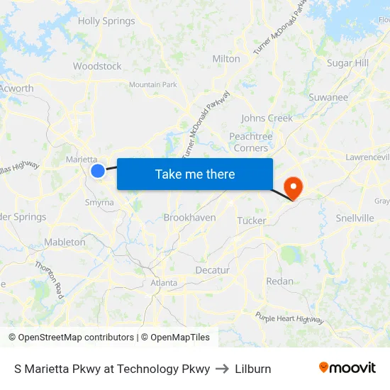 S Marietta Pkwy at Technology Pkwy to Lilburn map