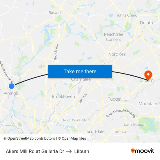 Akers Mill Rd at Galleria Dr to Lilburn map