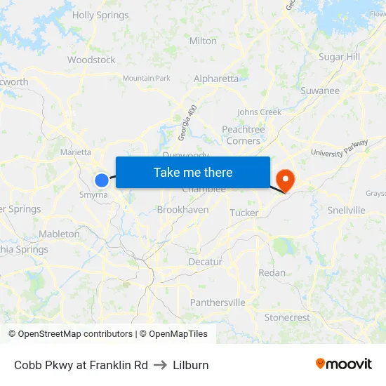Cobb Pkwy at Franklin Rd to Lilburn map