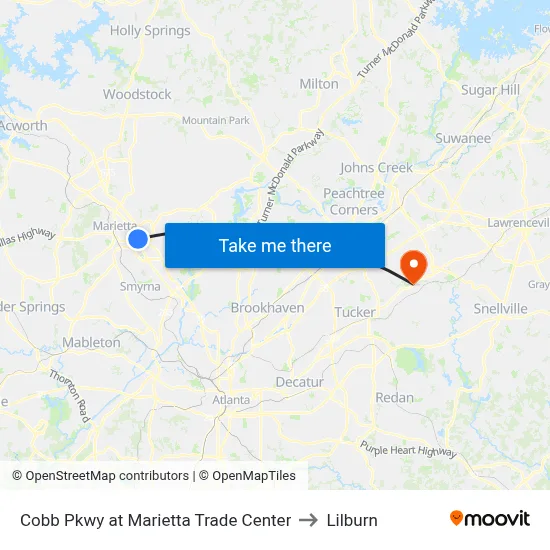 Cobb Pkwy at Marietta Trade Center to Lilburn map