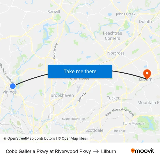 Cobb Galleria Pkwy at Riverwood Pkwy to Lilburn map