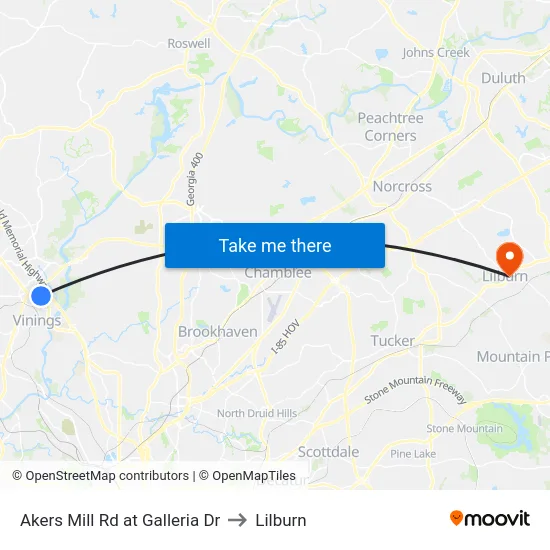 Akers Mill Rd at Galleria Dr to Lilburn map