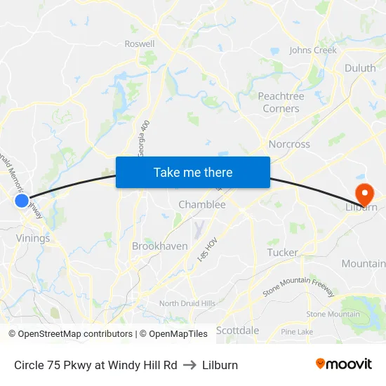 Circle 75 Pkwy at Windy Hill Rd to Lilburn map