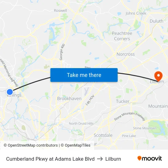 Cumberland Pkwy at Adams Lake Blvd to Lilburn map