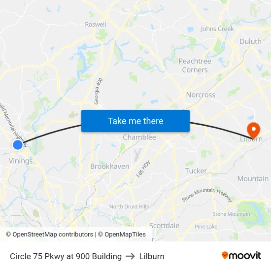 Circle 75 Pkwy at 900 Building to Lilburn map