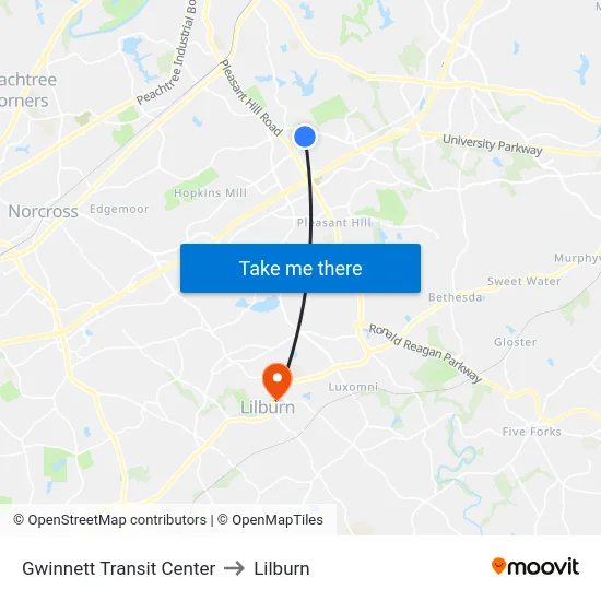 Gwinnett Transit Center to Lilburn map