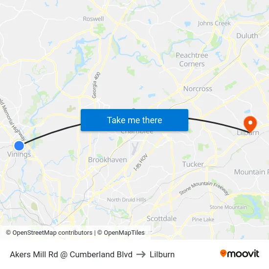 Akers Mill Rd @ Cumberland Blvd to Lilburn map