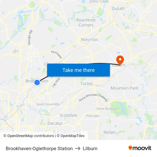 Brookhaven-Oglethorpe Station to Lilburn map