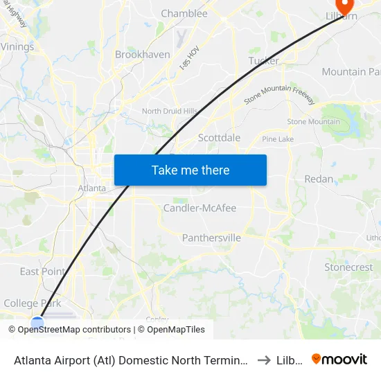 Atlanta Airport (Atl) Domestic North Terminal Dropoffs to Lilburn map