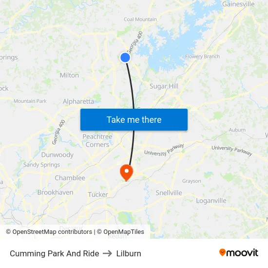 Cumming Park And Ride to Lilburn map