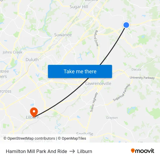 Hamilton Mill Park And Ride to Lilburn map