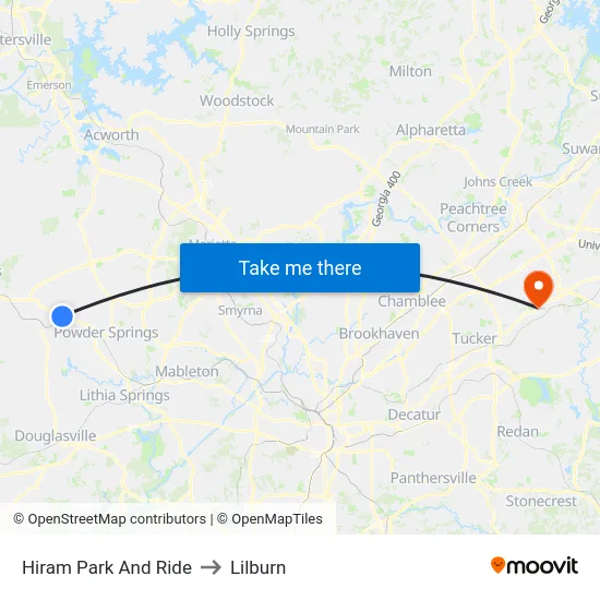 Hiram Park And Ride to Lilburn map