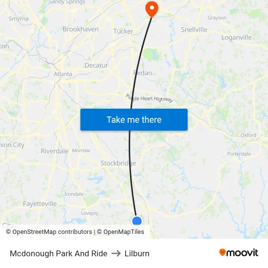 Mcdonough Park And Ride to Lilburn map