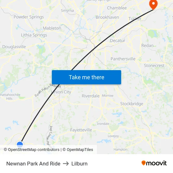 Newnan Park And Ride to Lilburn map
