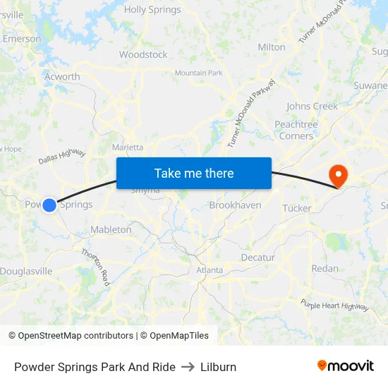 Powder Springs Park And Ride to Lilburn map