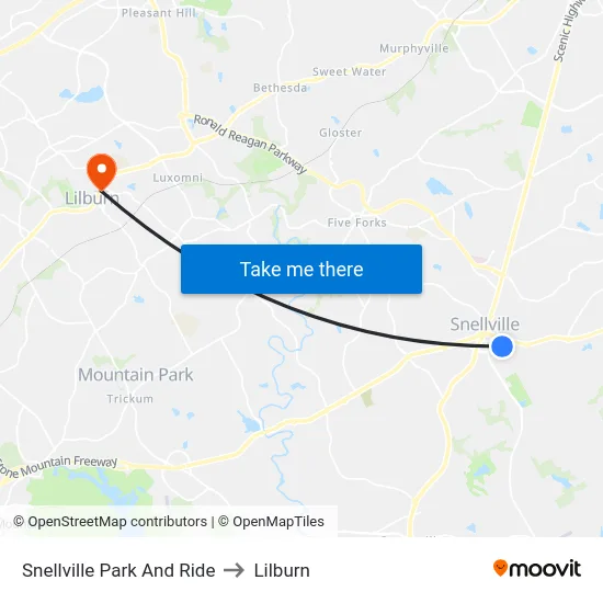Snellville Park And Ride to Lilburn map