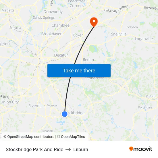 Stockbridge Park And Ride to Lilburn map