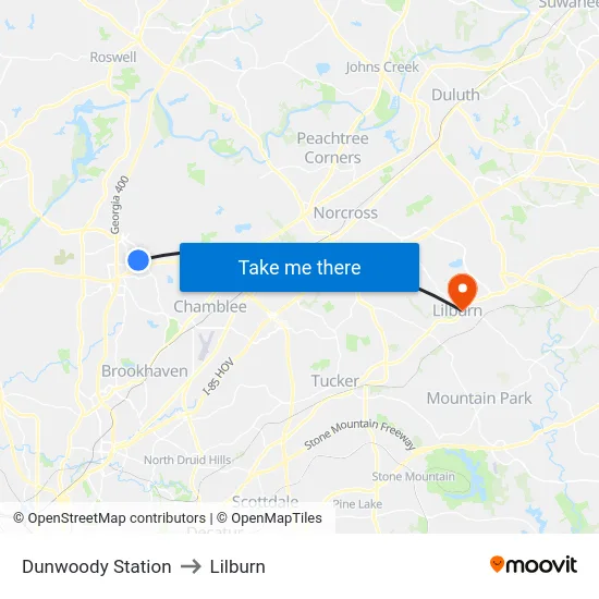 Dunwoody Station to Lilburn map