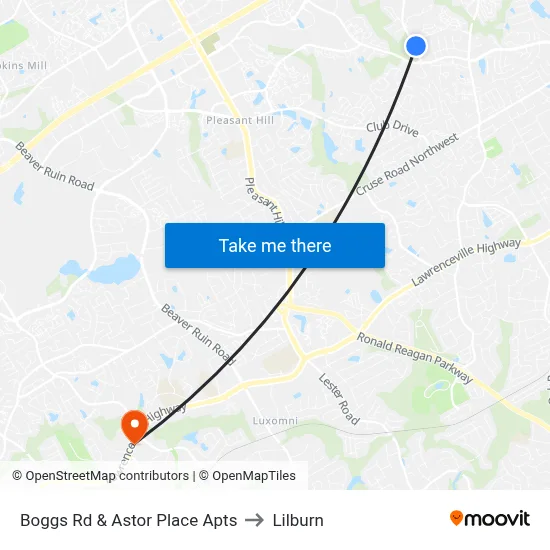 Boggs Rd & Astor Place Apts to Lilburn map