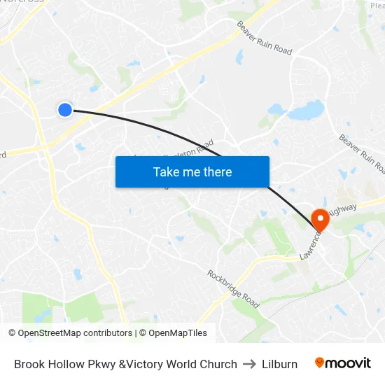Brook Hollow Pkwy &Victory World Church to Lilburn map