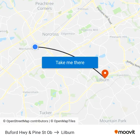Buford Hwy & Pine St Ob to Lilburn map