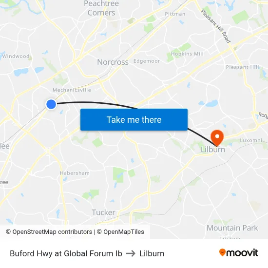 Buford Hwy at Global Forum Ib to Lilburn map