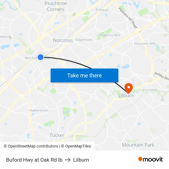 Buford Hwy at Oak Rd Ib to Lilburn map