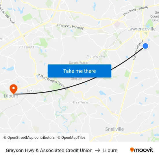 Grayson Hwy & Associated Credit Union to Lilburn map