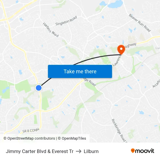 Jimmy Carter Blvd & Everest Tr to Lilburn map