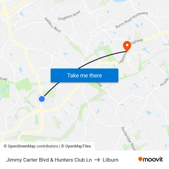 Jimmy Carter Blvd & Hunters Club Ln to Lilburn map
