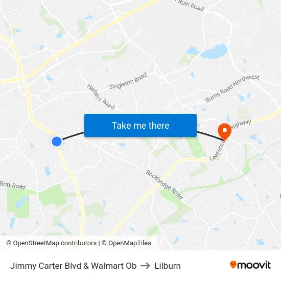 Jimmy Carter Blvd & Walmart Ob to Lilburn map