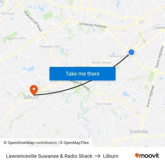 Lawrenceville Suwanee & Radio Shack to Lilburn map