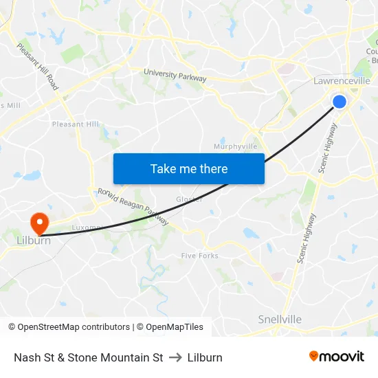 Nash St & Stone Mountain St to Lilburn map