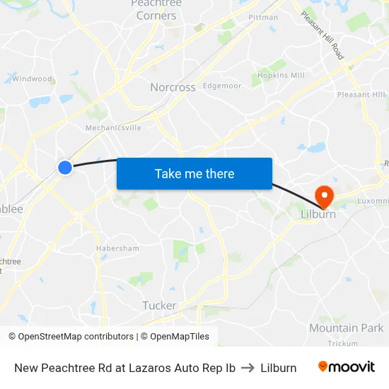 New Peachtree Rd at Lazaros Auto Rep Ib to Lilburn map