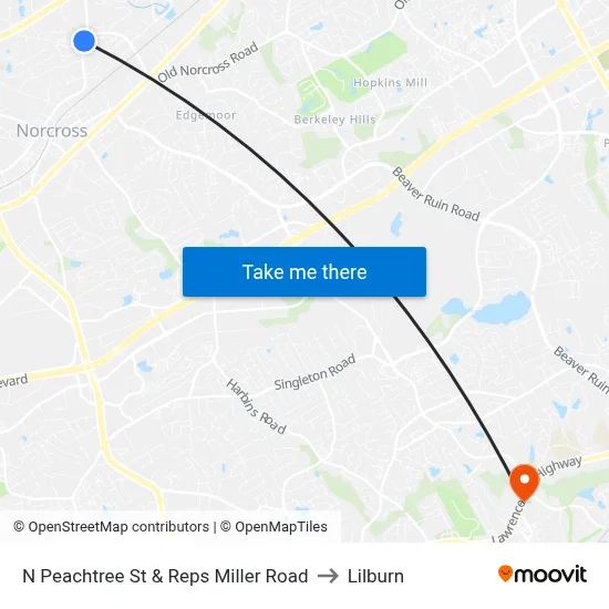 N Peachtree St & Reps Miller Road to Lilburn map