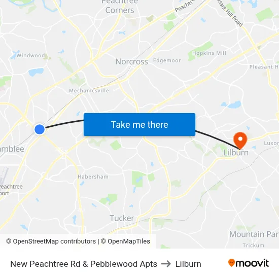 New Peachtree Rd & Pebblewood Apts to Lilburn map