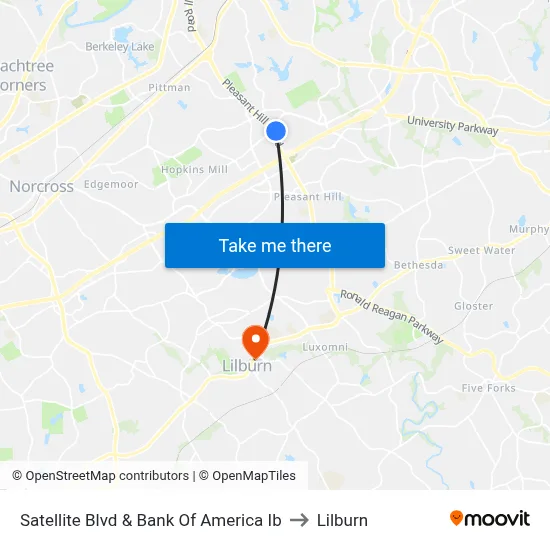 Satellite Blvd & Bank Of America Ib to Lilburn map