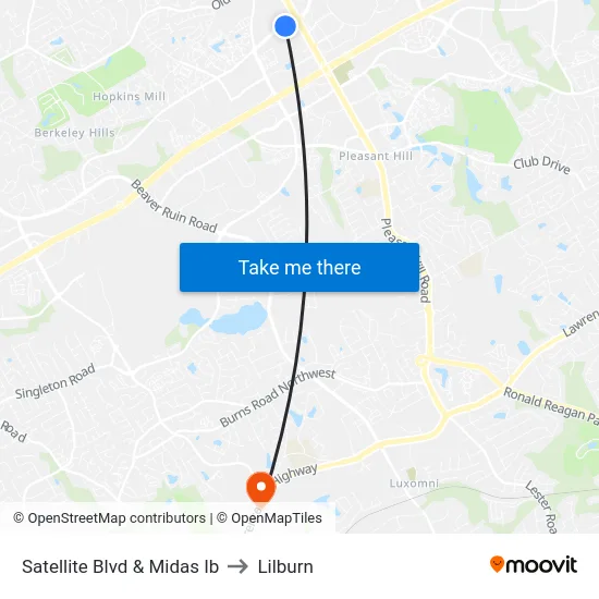 Satellite Blvd & Midas Ib to Lilburn map