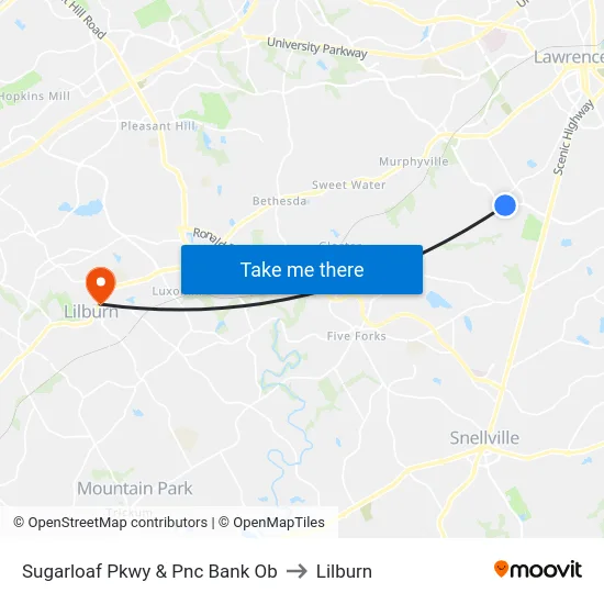 Sugarloaf Pkwy & Pnc Bank Ob to Lilburn map
