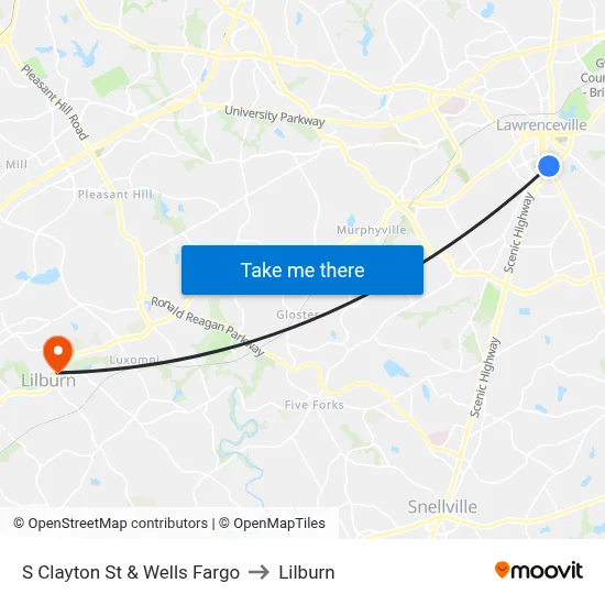 S Clayton St & Wells Fargo to Lilburn map