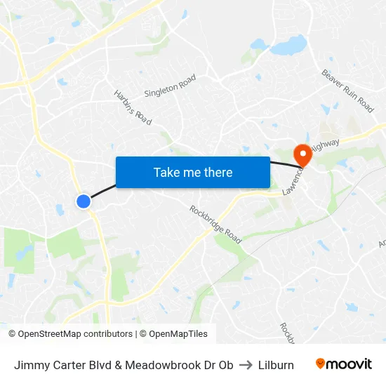 Jimmy Carter Blvd & Meadowbrook Dr Ob to Lilburn map