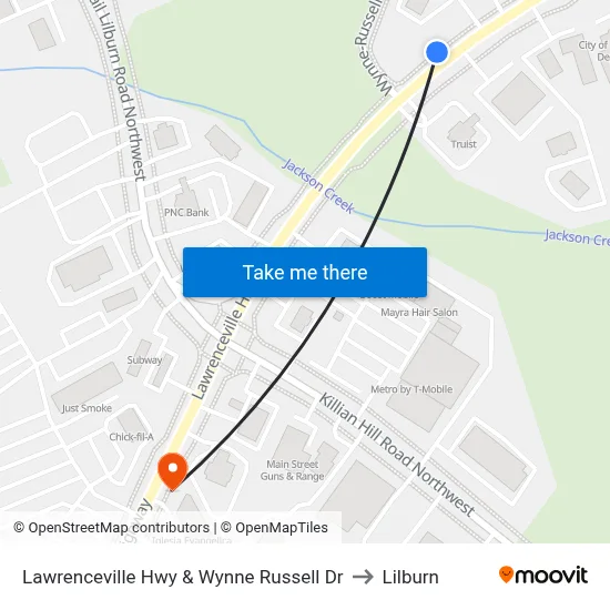 Lawrenceville Hwy & Wynne Russell Dr to Lilburn map