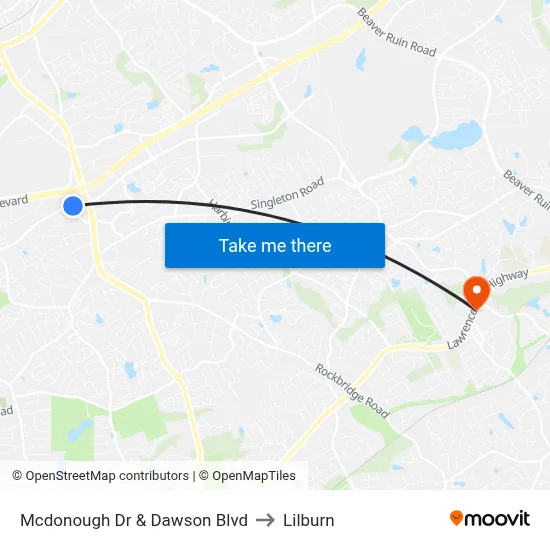 Mcdonough Dr & Dawson Blvd to Lilburn map