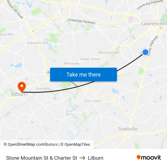 Stone Mountain St & Charter St to Lilburn map