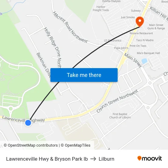 Lawrenceville Hwy & Bryson Park Ib to Lilburn map