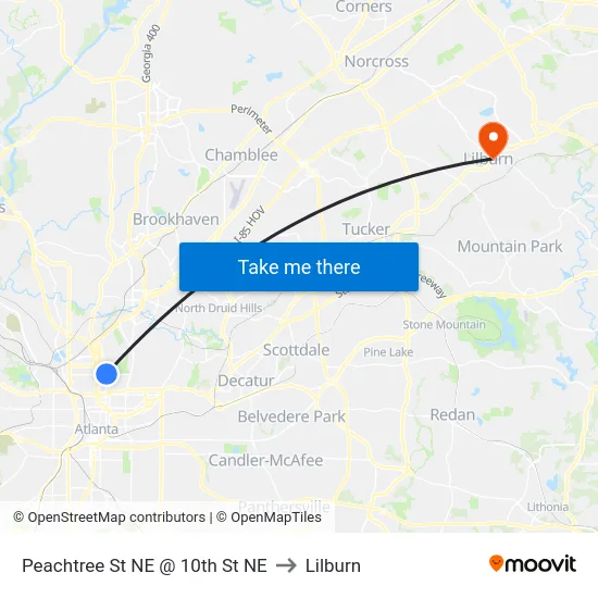 Peachtree St NE @ 10th St NE to Lilburn map