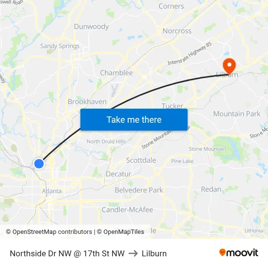 Northside Dr NW @ 17th St NW to Lilburn map