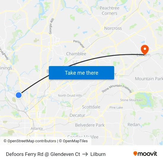 Defoors Ferry Rd @ Glendeven Ct to Lilburn map