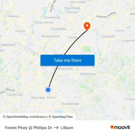 Forest Pkwy @ Phillips Dr to Lilburn map